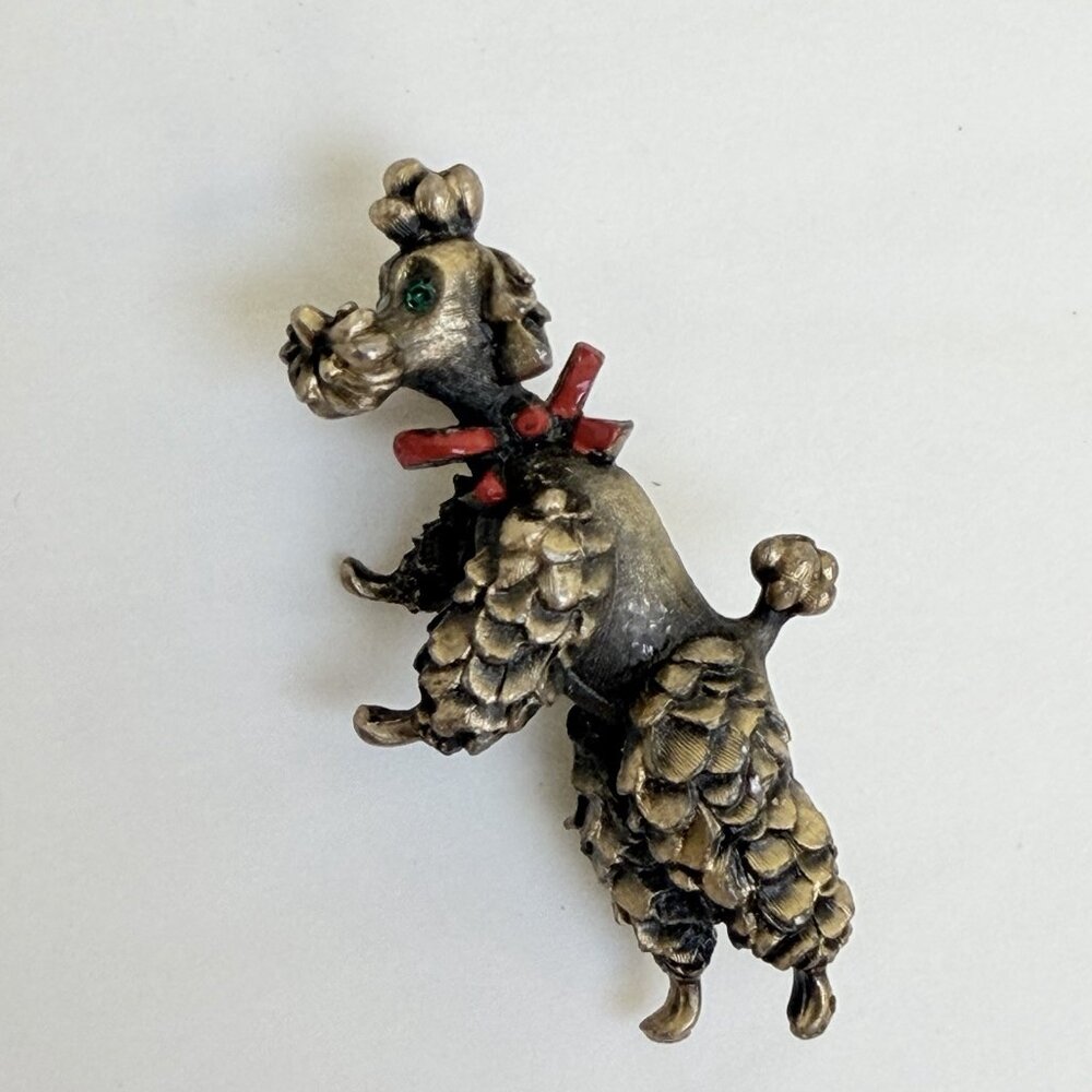 Vintage Gold Tone Poodle Brooch Pin Unmarked Red Bow Green Eyes Gift Dog